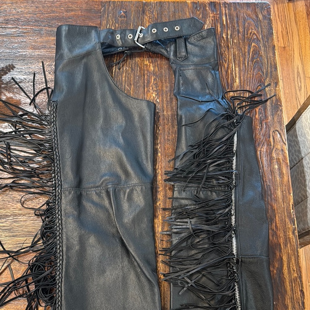 Black Leather Fringe Chaps
